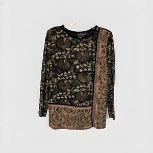 Carole Little Womens Tunic Top Sz 6 Black Floral Print Velvet Trim Long Sleeve